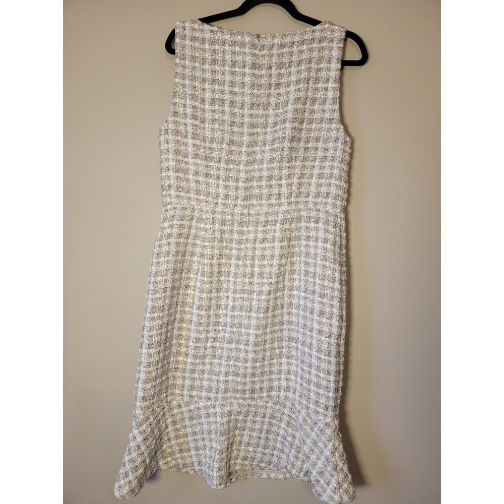 Ann Taylor Tweed Check Sheath Dress Beige White Fringe‎ Zip Scoop Neck Size 10 - Picture 6 of 7